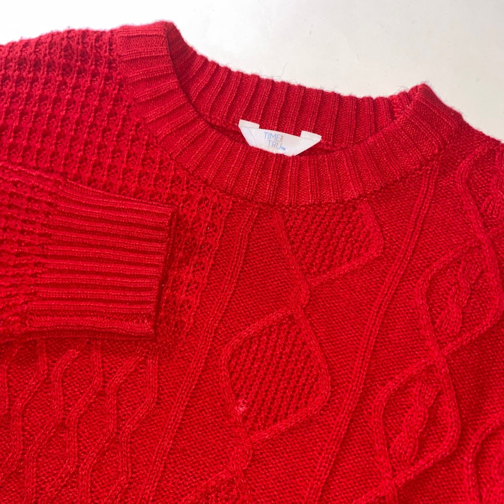 Time and Tru Womens Red Cable Knit Patchwork Crew Neck Sweater Size M 8-10